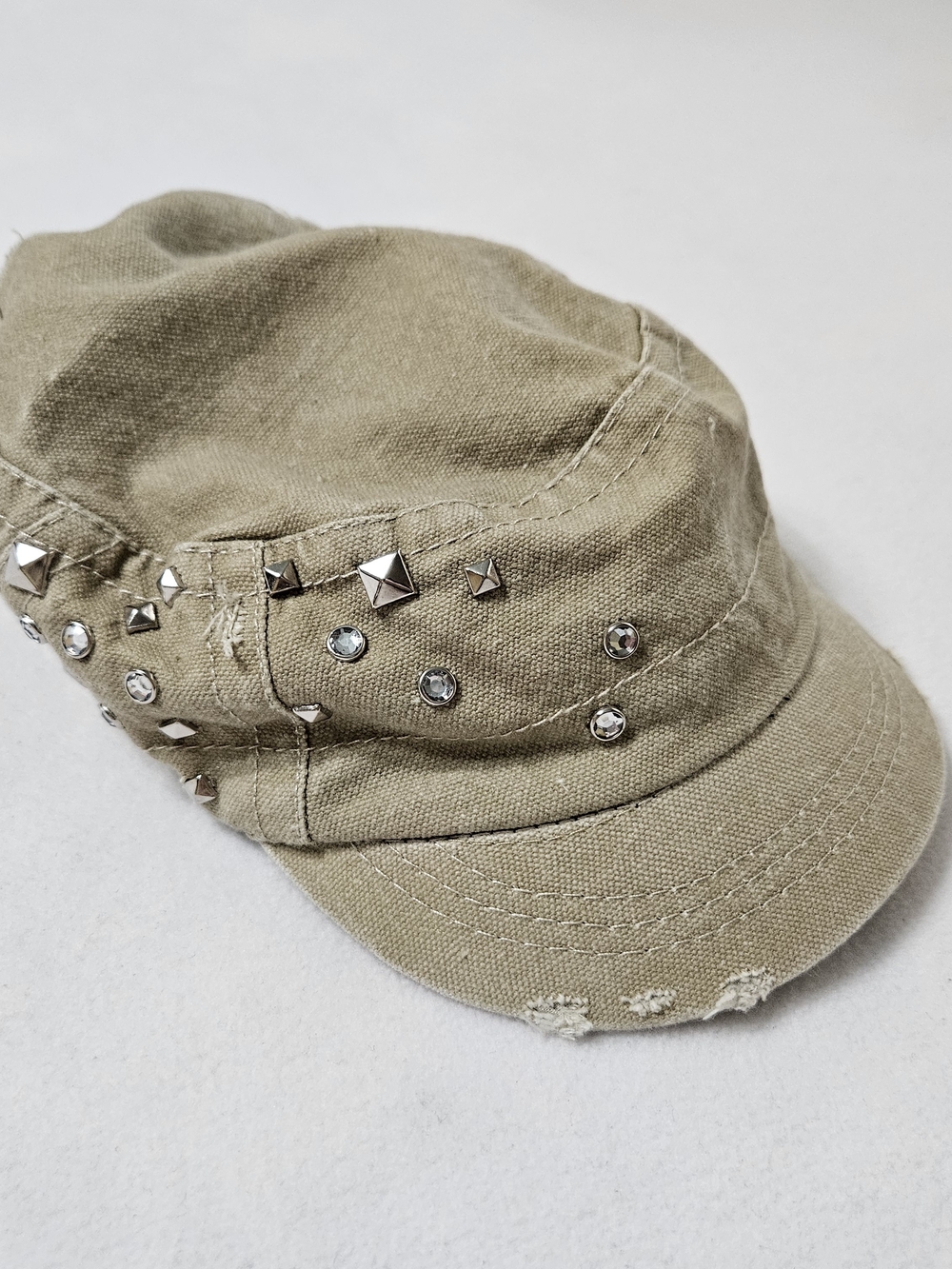 Vintage Tropical Trends Cadet Hat Y2K Studded Rhinestone Distressed Khaki Cap